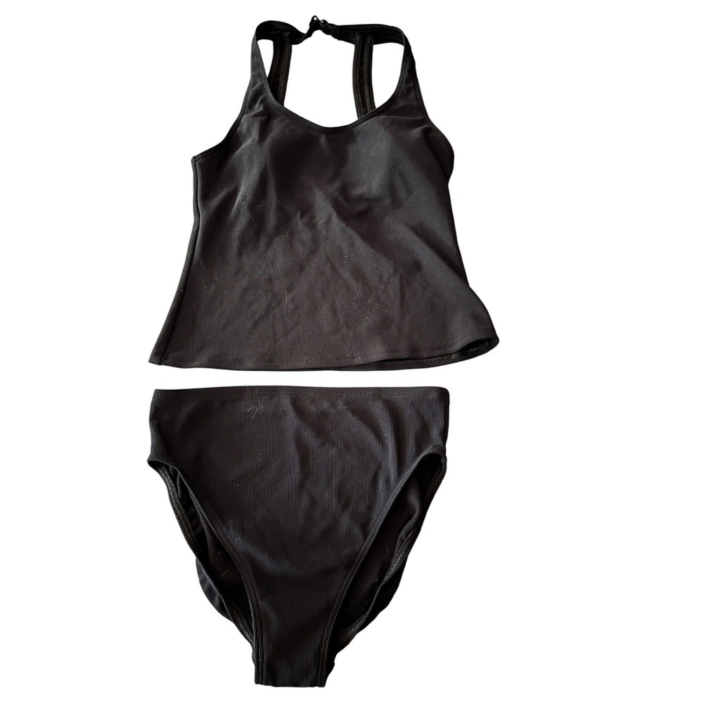 Lands' End Ribbed Tankini Swimsuit Women 10 Black Halter Two Piece Set